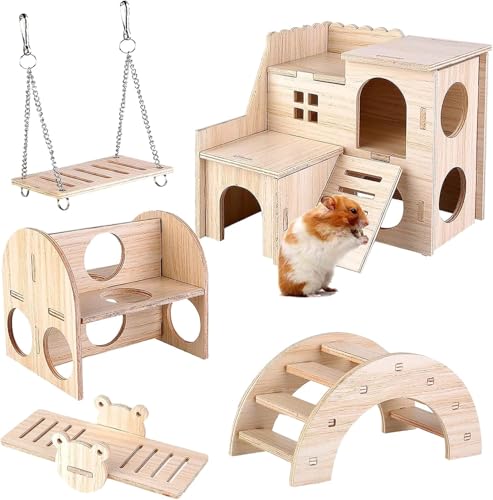 Auirshiky Hamster Spielzeug,5 Stück Meerschweinchen SpielzeugHamster Holzspielzeug,Hamsterhaus aus Holz,Zubehör für Hamster Inklusive Mehrkammerhaus, Drehbrücke, Brücke,Schaukel, Hamsterversteck von Auirshiky