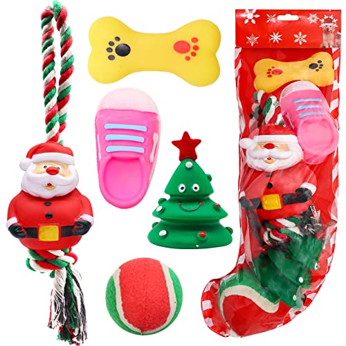 Auliand Weihnachtsstrumpf-Spielzeug für Hunde, 5 Stück, Kauspielzeug für Hunde mit Weihnachtsmann, Weihnachtsbaum, Ball, robustes Seil-Kauspielzeug, quietschendes Spielzeug, Geschenk, interaktives von Auliand