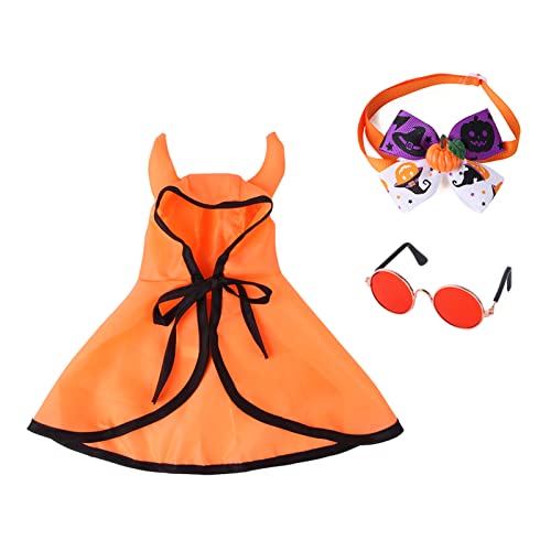 Aurgiarme Haustier Halloween Kostüm 3-teiliges Set Verstellbarer Orangefarbener Umhang Niedliches Hörner Design Mit Dekoration Halsband Und Brille Haustier Halloween Kostüme Umhang Set Für Katzen von Aurgiarme