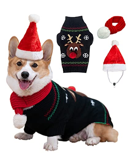 Aurueda Hundepullover Weihnachten Winter Warmer Haustier Weihnachtspullover Elch Strickpullover Hundebekleidung Winterpullover für kleine mittelgroße große Hunde Welpen Schwarz, Größe 2XL von Aurueda