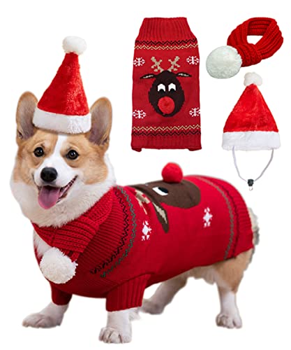 Aurueda Hundepullover Weihnachten Winter Warmer Haustier Weihnachtspullover Elch Strickpullover Hundebekleidung Winterpullover für kleine mittelgroße große Hunde Welpen Rot, Größe 2XL von Aurueda