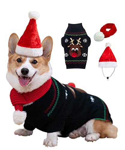 Aurueda Hundepullover mit Weihnachtsmannmütze und rotem Schal für Hunde, Hund Weihnachtspullover Haustiere Verstellbare Weihnachtsmannmütze und Warmer Winterschal für Hunde Katzen Weihnachten Dressup von Aurueda