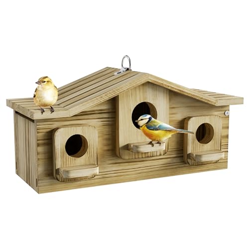 Auslar Vogelhaus, Vogelhäuser für Draußen für 3 Vogelfamilien, Holz Vogelhaus für Draußen, 3 Loch Hängendes Bluebird House für Kardinäle Finkenkönig Schwalbe für Gartenbeobachtung von Auslar