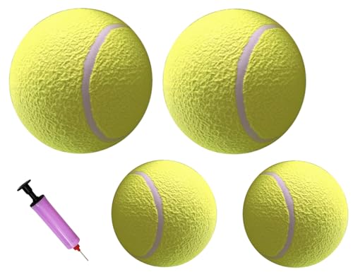 Auto-plaza 4 Packungen große Tennisbälle für Hunde, 24,1 cm und 17,8 cm, aufblasbare riesige Tennisbälle, großes Haustierspielzeug, Ball, lustige Outdoor-Sportarten mit Pumpe von Auto-plaza