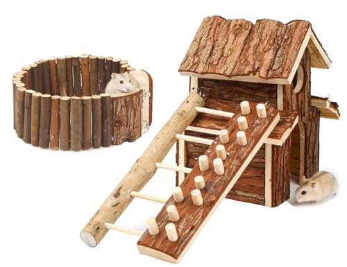 Kleintier-Unterhaltung Holzvilla Haus Verstecke Spielplatz mit Leiter, passend für Chinchilla, Meerschweinchen, Rennmäuse, Zwergmäuse, Igel (3 Stück) von Auto-plaza