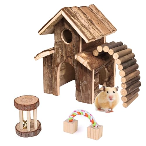 Kleintier-Unterhaltung Holzvilla Haus Verstecke Spielplatz mit Leiter, passend für Chinchilla, Meerschweinchen, Rennmäuse, Zwergmäuse, Igel (4 Stück) von Auto-plaza