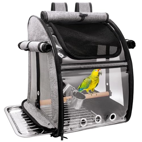 Vogeltragetasche mit Sitzstange, Vogelreiseträger Rucksack mit Edelstahlplatte und Netz, tragbarer transparenter Vogelreisekäfig mit Futterschalen für kleine Vögel Sittiche Papagei von Autokcan