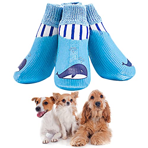 Avaner 4 Stücke Hundeschuhe Wal Muster Hundesocken mit Weiche Gummi wasserdichte Schmutzabweisende Outdoor Sportschuhe rutschfeste Pfotenschutz Socken Antirutschsocken für kleine Hunde Haustiere Blau von Avaner