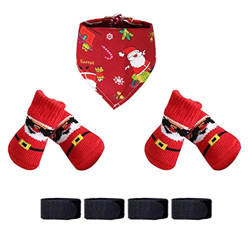 Avaner 4 Stücke Hundesocken 1 Hundehalstuch Weihnachtsmann Haustier Anti-Rutsch-Socken Dreieck Bandana Set aus Baumwolle für Hunde von Avaner