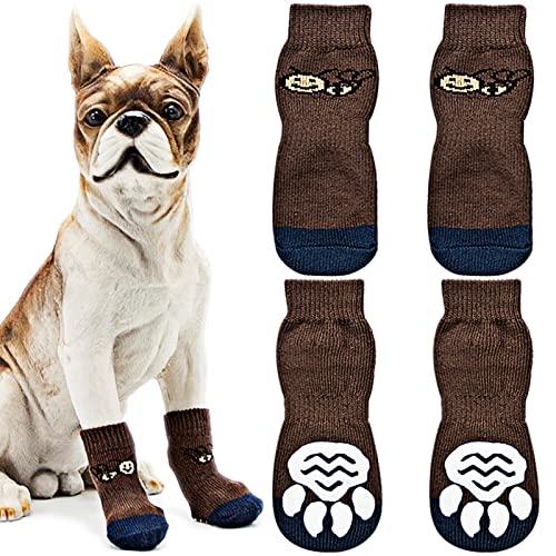 Avaner 4 Stücke Hundesocken mit Bienenmuster rutschfeste Pfotenschutz Socken Hohe Elastizität Hundeschuhe Weiche Socken Indoor Antirutschsocken für kleine Hunde Haustiere Braun von Avaner