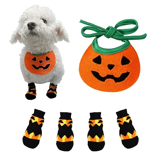 Avaner Kürbis Hundesocke 4 Stücke Hundesocken mit rutschfestem Gummi Pfotenschutz Hohe Elastizität Hundeschuhe Weiche Socken Indoor Antirutschsocken Halloween Kostüm für kleine Hunde Haustiere von Avaner