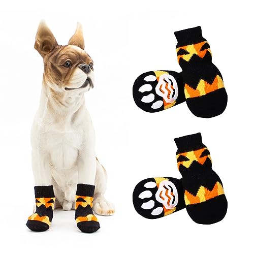 Avaner Kürbis Hundesocke 4 Stücke Hundesocken mit rutschfestem Gummi Pfotenschutz Hohe Elastizität Hundeschuhe Weiche Socken Indoor Antirutschsocken Halloween Kostüm für kleine Hunde Haustiere von Avaner