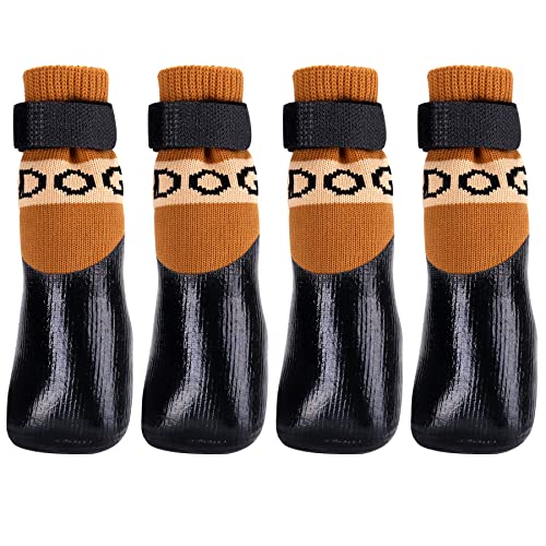 Pfotenschutz Avaner Hundeschuhe 4pcs Outdoor Sportschuhe Hundesocken wasserdichte Hundestiefel mit Anti-Rutsch Sohle Regenschutz Hundeschuhe Braun für KLEINE MITTELGROSSE Hunde Katzen (Größe L) von Avaner