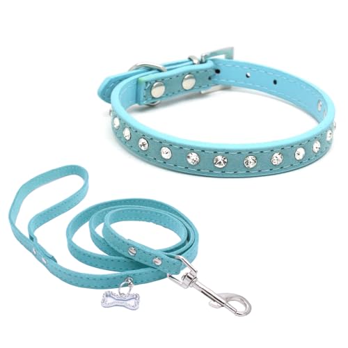 Avenpets Bling Crystal Hundehalsband mit Leine, niedliches Strass-Knochenmarke, Schmuck-Set, weiches Wildleder, Halsband und Leine, Kombi-Set, Blau, S: 27–33 cm Halsumfang von Avenpets