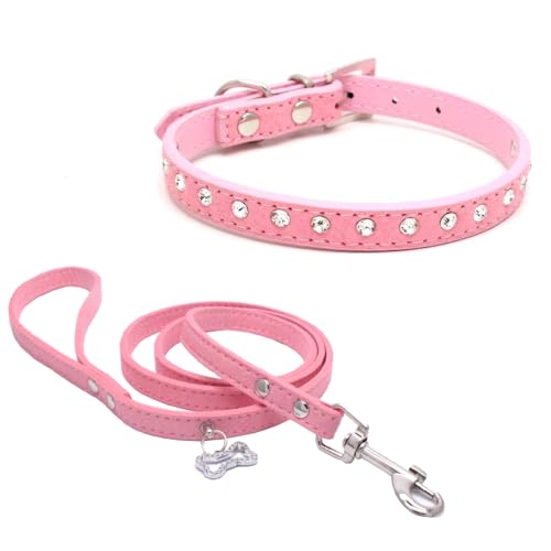 Avenpets Bling Crystal Hundehalsband mit Leine, niedliches Strass-Knochenmarke, Schmuckset, weiches Wildleder, Halsband und Leine, Kombi-Set, Rosa, M: 29–38 cm Halsumfang von Avenpets