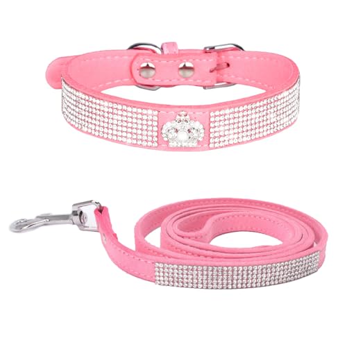 Avenpets Bling Hundehalsband-Set mit Strasssteinen, weichem Samt-Leder, für Katzen und Welpen, Kombi-Set, Rosa, Größe XS: 20–26 cm Halsumfang von Avenpets