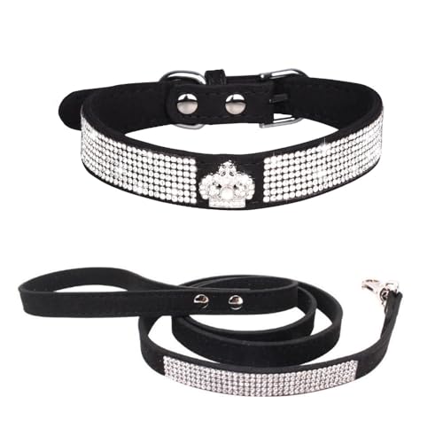 Avenpets Bling Hundehalsband-Set mit Strasssteinen, weichem Samt-Leder, für Katzen und Welpen, Kombi-Set, Schwarz, Größe XS: 20–26 cm Halsumfang von Avenpets