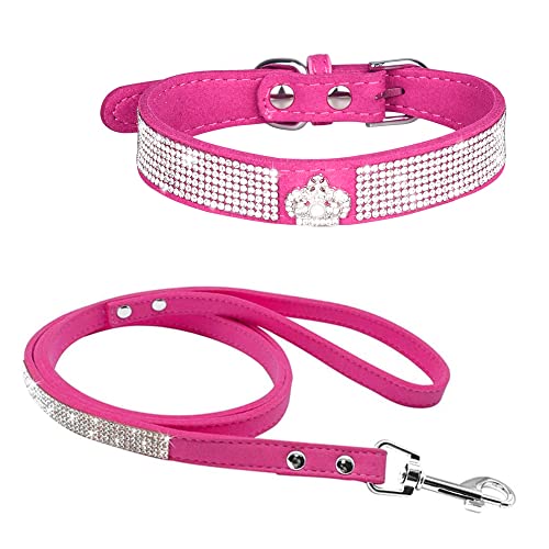 Avenpets Bling Hundehalsband-Set mit Strasssteinen besetzt, weiches Samt-Leder, für Katzen und Welpen, Kombi-Set, Rosenrot, L: 37–45 cm Halsumfang von Avenpets