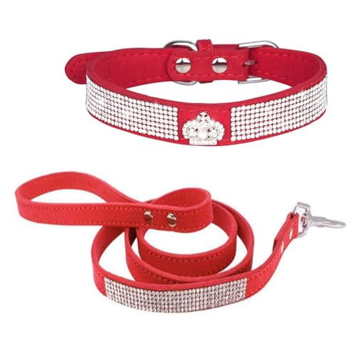 Avenpets Bling Hundehalsband-Set mit Strasssteinen besetzt, weiches Samt-Leder, für Katzen und Welpen, Kombi-Set, Rot, M: Halsumfang 33–38 cm von Avenpets