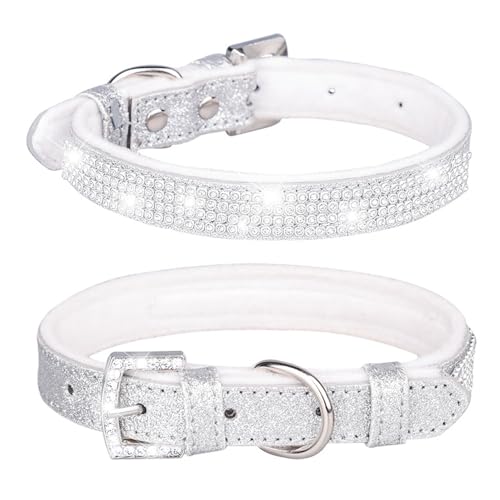 Avenpets Bling Strass Hundehalsband, weich, bequem, stilvoll, mit Glitzer-Leder und innen gepolstertem, verstellbarem Kristall-Haustierhalsband für kleine, mittelgroße Hunde und Katzen, Weiß, L von Avenpets