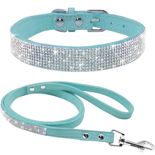 Avenpets Hundehalsband-Set mit Strasssteinen, weiches Wildleder, mit Kristalldiamanten, verstellbar, schillernd, funkelnd, für Haustiere, Hunde, Katzen, Blau, L: Halsumfang 38–46 cm von Avenpets