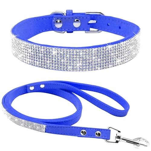 Avenpets Hundehalsband-Set mit Strasssteinen, weiches Wildleder, mit Kristalldiamanten, verstellbar, schillernd, funkelnd, für Haustiere, Hunde, Katzen, Dunkelblau, L: Halsumfang 38–46 cm von Avenpets