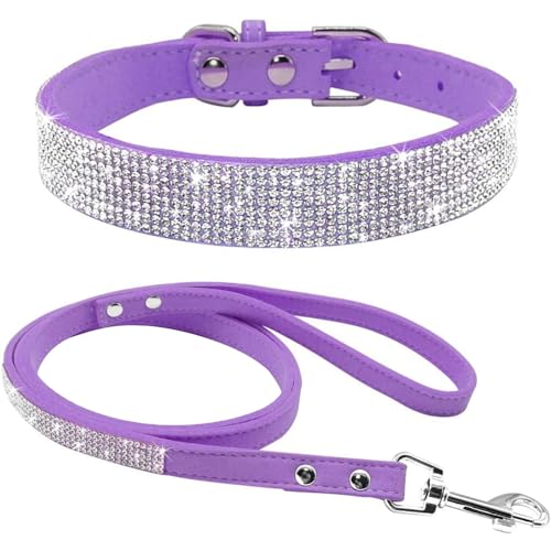 Avenpets Hundehalsband-Set mit Strasssteinen, weiches Wildleder, mit Kristalldiamanten, verstellbar, schillernd, funkelnd, für Haustiere, Hunde, Katzen, Lila, L: Halsumfang 38–46 cm von Avenpets