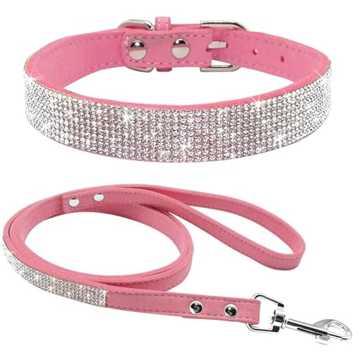 Avenpets Hundehalsband-Set mit Strasssteinen, weiches Wildleder, mit Kristalldiamanten, verstellbar, schillernd, funkelnd, für Haustiere, Hunde, Katzen, Rosa, L: Halsumfang 38–46 cm von Avenpets