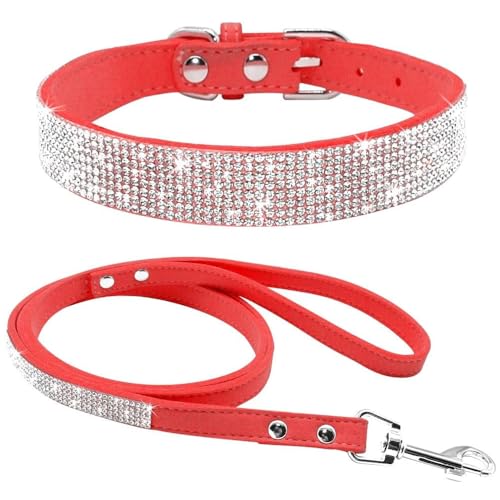 Avenpets Hundehalsband-Set mit Strasssteinen, weiches Wildleder, mit Kristalldiamanten, verstellbar, schillernd, funkelnd, für Haustiere, Hunde, Katzen, Rot, L: Halsumfang 38–46 cm von Avenpets