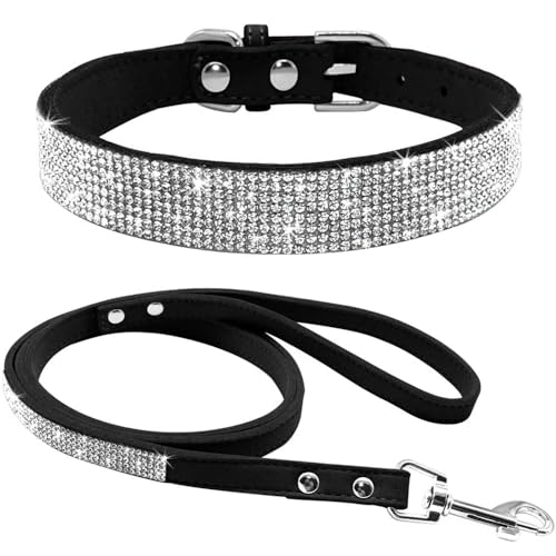 Avenpets Hundehalsband-Set mit Strasssteinen, weiches Wildleder, mit Kristalldiamanten, verstellbar, schillernd, funkelnd, schwarz, L: Halsumfang 38–46 cm von Avenpets