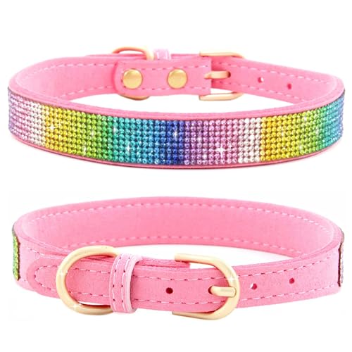 Avenpets Hundehalsband aus weichem Samt, verstellbar, sichere glitzernde Kristalle mit goldfarbenen Beschlägen, für kleine Hunde und Katzen, Rosa, Größe XS: 20–26 cm Halsumfang von Avenpets