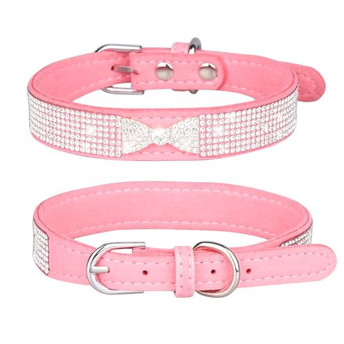 Avenpets Hundehalsband aus weichem Wildleder, mit Strasseinlage, glänzende Kristallschleife, geeignet für kleine und mittelgroße Hunde und Katzen, Rosa, Größe XS: 20–26 cm Halsumfang von Avenpets