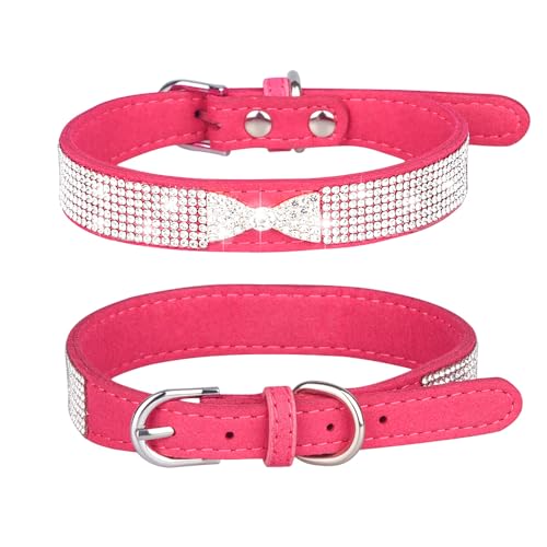 Avenpets Hundehalsband aus weichem Wildleder, mit Strasseinlage, glänzende Kristallschleife, geeignet für kleine und mittelgroße Hunde und Katzen, Rosarot, Größe XXS: Halsumfang 15–21 cm von Avenpets