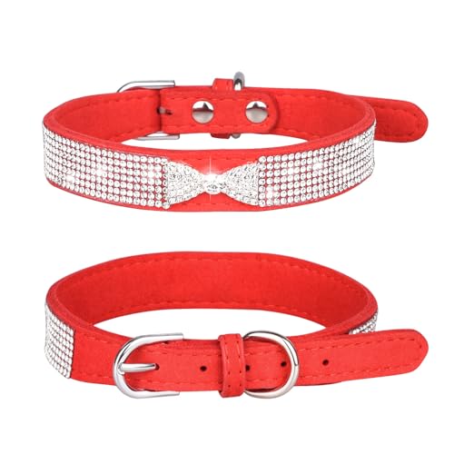 Avenpets Hundehalsband aus weichem Wildleder, mit Strasseinlage, glänzende Kristallschleife, geeignet für kleine und mittelgroße Hunde und Katzen, Rot, Größe S: 26–33 cm Halsumfang von Avenpets