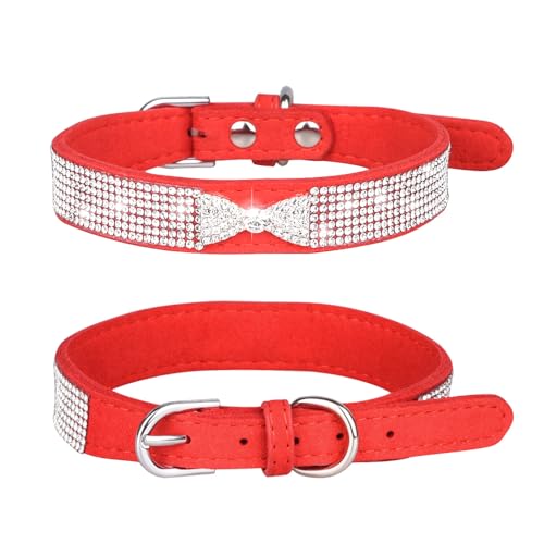 Avenpets Hundehalsband aus weichem Wildleder, mit Strasseinlage, glänzende Kristallschleife, geeignet für kleine und mittelgroße Hunde und Katzen, Rot, M: Halsumfang 33–38 cm von Avenpets