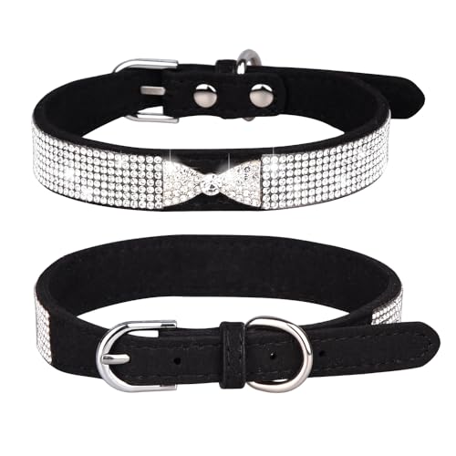 Avenpets Hundehalsband aus weichem Wildleder, mit Strasseinlage, glänzende Kristallschleife, geeignet für kleine und mittelgroße Hunde und Katzen, Schwarz, Größe XXS: Halsumfang 15–21 cm von Avenpets