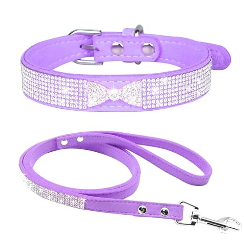 Avenpets Hundehalsband mit Kristallsteinen, verstellbar, weicher Samt, Haustierhalsband-Set für kleine, mittelgroße Hunde, tägliches Spazierengehen, Lila, XS: 20–26 cm Halsumfang von Avenpets