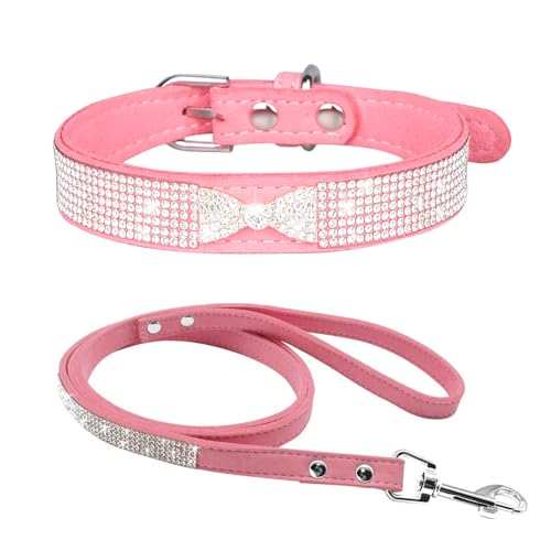 Avenpets Hundehalsband mit Kristallsteinen, verstellbar, weicher Samt, Haustierhalsband-Set für kleine, mittelgroße Hunde, tägliches Spazierengehen, Rosa, Größe XS: 20–26 cm Halsumfang von Avenpets