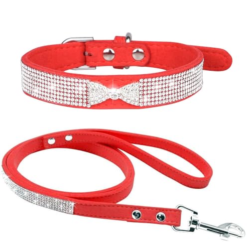 Avenpets Hundehalsband mit Kristallsteinen, verstellbar, weicher Samt, Haustierhalsband-Set für kleine, mittelgroße Hunde, tägliches Spazierengehen, Rot, Größe XS: 20–26 cm Halsumfang von Avenpets