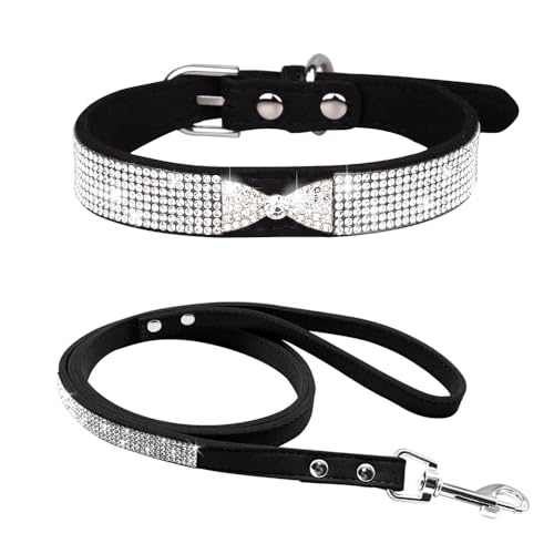 Avenpets Hundehalsband mit Kristallsteinen, verstellbar, weicher Samt, Haustierhalsband-Set für kleine, mittelgroße Hunde, tägliches Spazierengehen, Schwarz, L: Halsumfang 37–45 cm von Avenpets