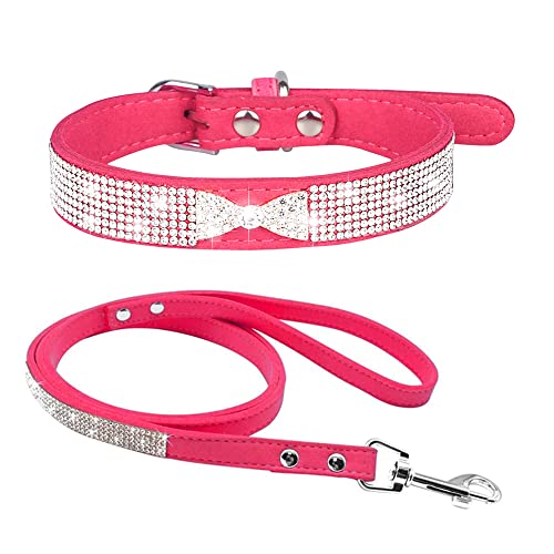 Avenpets Hundehalsband mit Kristallsteinen, verstellbar, weicher Samt, Haustierhalsband-Set für kleine und mittelgroße Hunde, tägliches Spazierengehen, Rosarot, Größe XXS: 15–21 cm Halsumfang von Avenpets