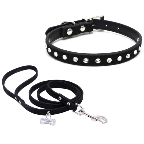 Avenpets Hundehalsband mit Leine, mit niedlichem Strassstein, Knochenmarke, Schmuckstein-Set, weiches Wildleder, Halsband und Leine, Kombi-Set, Schwarz, M: 29–38 cm Halsumfang von Avenpets