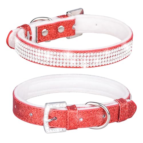 Avenpets Hundehalsband mit Strasssteinen, weich, bequem, stilvoll, mit Glitzer-Leder und Innenseite, gepolstert, verstellbar, Kristall, Haustierhalsband für kleine, mittelgroße Hunde und Katzen, Rot, von GONDMAX