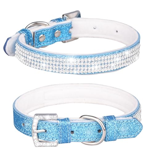 Avenpets Hundehalsband mit Strasssteinen, weich, bequem, stilvoll, mit Glitzer-Leder und Innenseite, gepolstert, verstellbar, Kristall, Haustierhalsband für kleine, mittelgroße Hunde und Katzen, Blau, von Avenpets