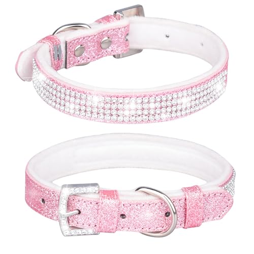 Avenpets Hundehalsband mit Strasssteinen, weich, bequem, stilvoll, mit Glitzer-Leder und Innenseite, gepolstert, verstellbar, Kristall, Haustierhalsband für kleine, mittelgroße Hunde und Katzen, Rosa, von Avenpets