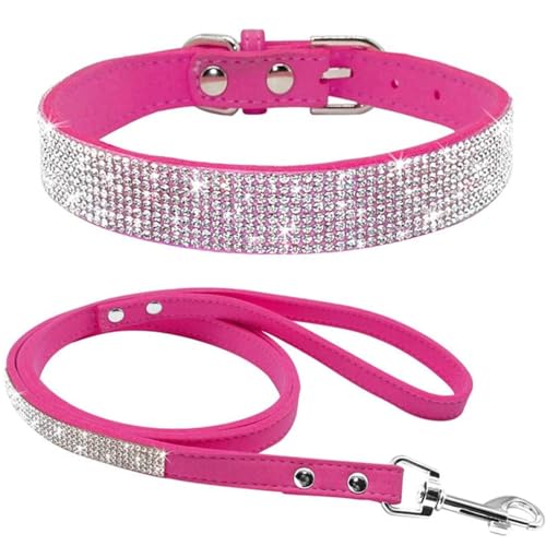 Avenpets Hundehalsband mit Strasssteinen, weiches Wildleder, mit Kristalldiamanten, verstellbar, schillernd, funkelnd, Halsband-Set für Haustiere, Hunde und Katzen, Rosenrot, S: 27–33 cm Halsumfang von Avenpets