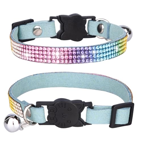 Avenpets Hundehalsband mit buntem Strassglocke, Wildleder mit Reihen, buntes Kristall-Diamant-Hundehalsband, glitzernd, bezaubernd, mit Schmucksteinen besetzt, Blau, XS: 20–26 cm Halsumfang von Avenpets