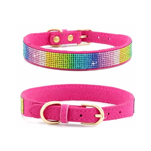 Avenpets Verstellbares Hundehalsband aus weichem Samt, sichere glitzernde Kristalle mit goldfarbenen Beschlägen für kleine Hunde und Katzen, Rosarot, Größe XL: Halsumfang 39–49 cm von Avenpets