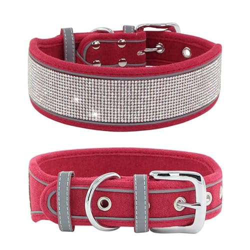 Avenpets Verstellbares Hundehalsband mit Strasssteinen, reflektierend, mit glitzernden Kristallen, Wildleder-Superfaser-Halsband für Welpen, mittelgroße und große Hunde, Rot, L: 50–60 cm Halsumfang von Avenpets