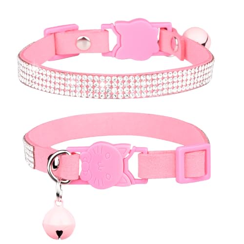 Avenpets Weiches samtsicheres Katzenhalsband mit Glöckchen, niedlich, schillernd, funkelnd, verstellbar, für kleine Kätzchen, Welpen, Rosa, S: 25–33 cm Halsumfang von Avenpets